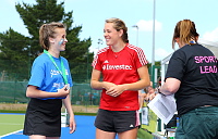 Giselle Ansley presents medals to Torbay on the hockey field  - Photo mandatory by-line: Gary Day/Pinnacle - Tel: +44(0)1363 881025 - Mobile:0797 1270 681 - VAT Reg: 183700120 - 14/06/2014 
